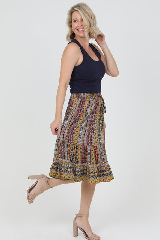 Sweetheart Boho Print Ruffle Hem Skirt - Navy Multi