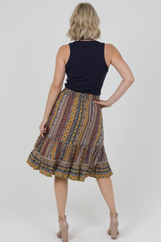 Sweetheart Boho Print Ruffle Hem Skirt - Navy Multi