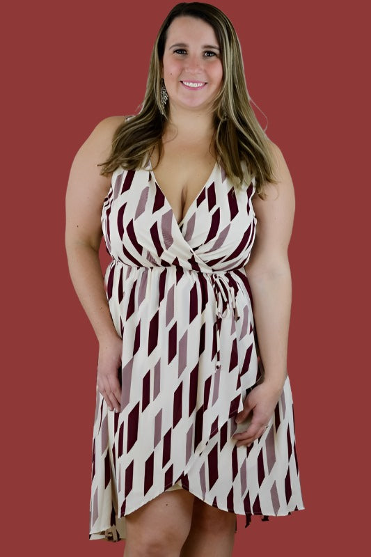 Geo Print Plus Size Faux Wrap Dress - Burgundy