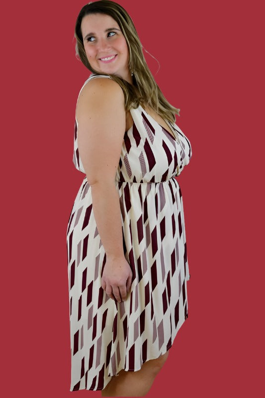 Geo Print Plus Size Faux Wrap Dress - Burgundy