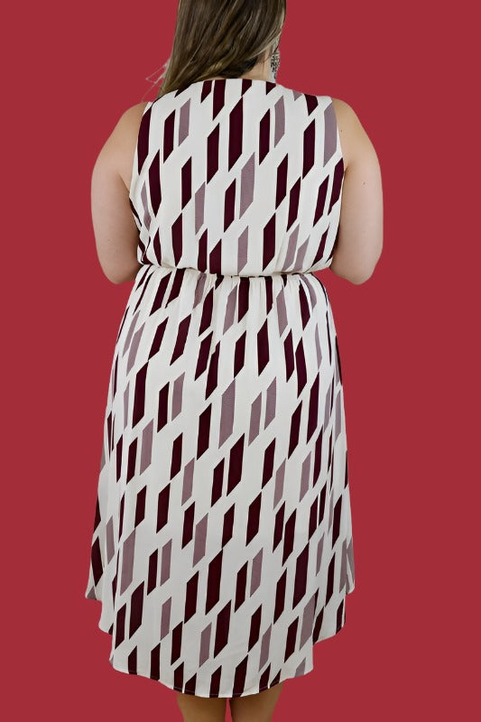 Geo Print Plus Size Faux Wrap Dress - Burgundy