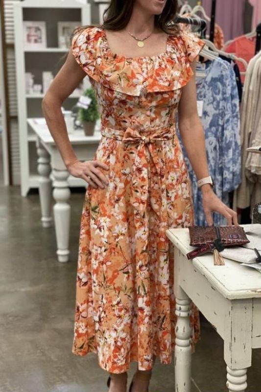 Entro Floral Midi Ruffle Collar Dress - Multi Orange