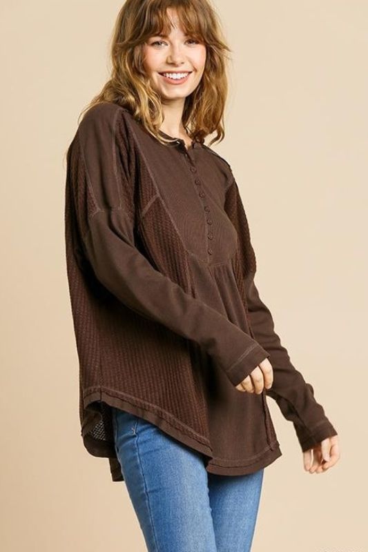 Umgee Waffle Henley Top - Brown
