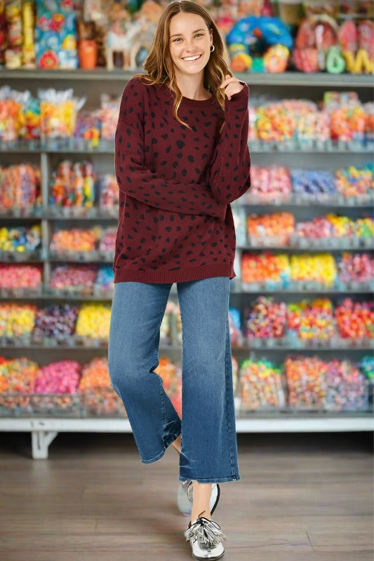 Hayden Spotted Leopard Sweater Pullover - Burgundy