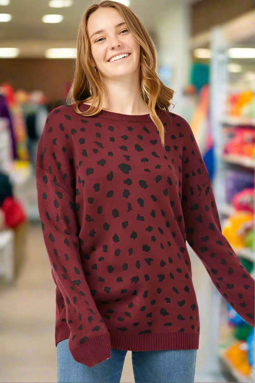 Hayden Spotted Leopard Sweater Pullover - Burgundy