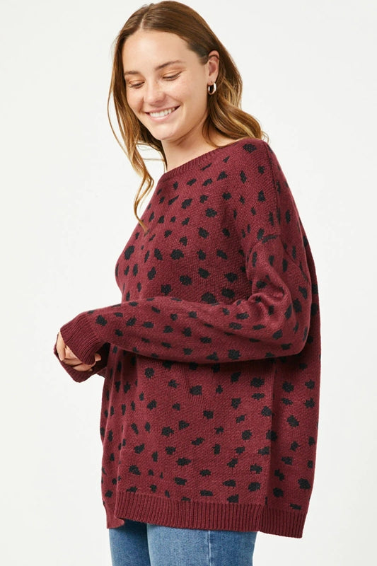 Hayden Spotted Leopard Sweater Pullover - Burgundy