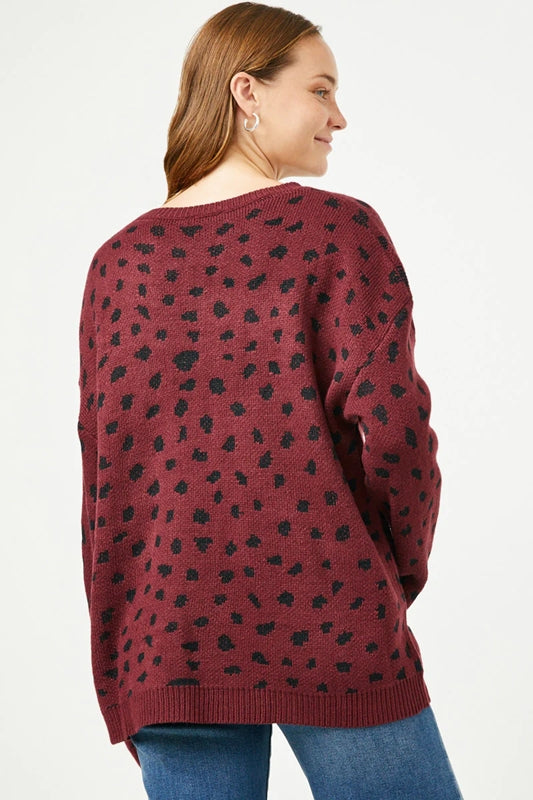 Hayden Spotted Leopard Sweater Pullover - Burgundy