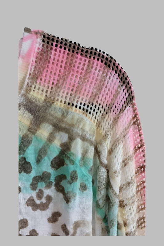 T-Party Neon Rainbow Fishnet Art Dye Animal Knit Top