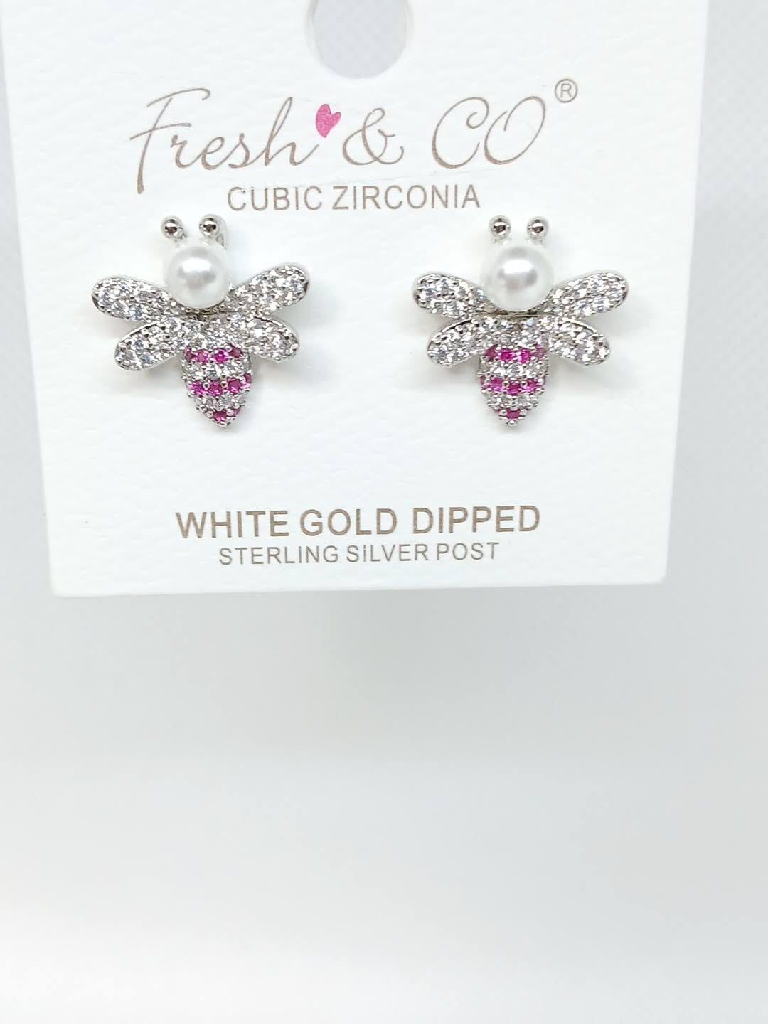 Cubic Zirconia Fuchsia & Pearl Bee Earrings - Silver