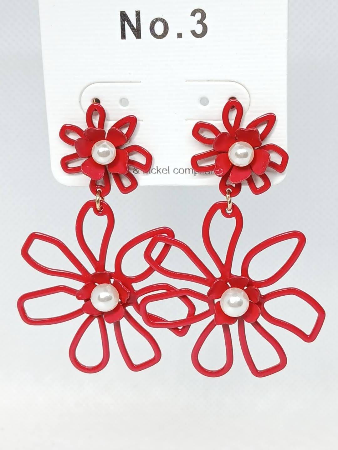 Daisy Radiance Drop Metal Earrings - Dark Red & Pearl