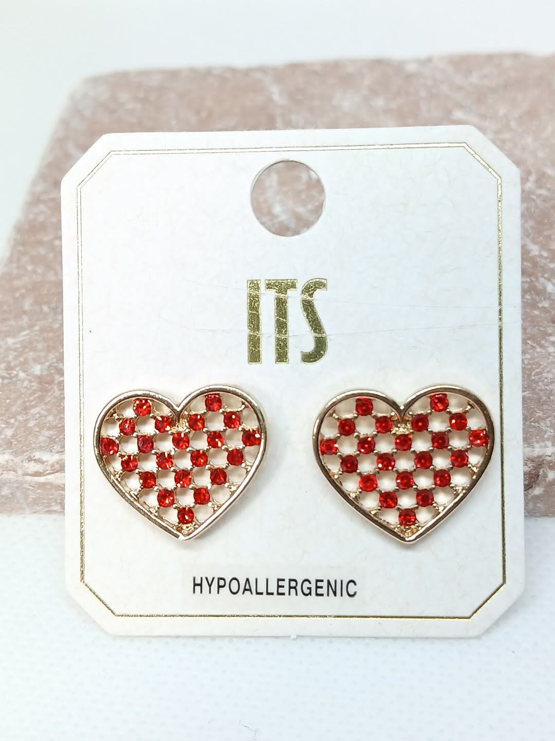 Heart Hue Checkerboard Pave Earrings - Red/ Gold