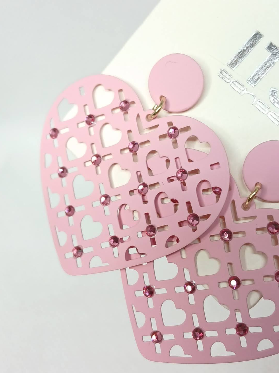 Checkerboard Heart Pink Pave Earrings - Metal Pink