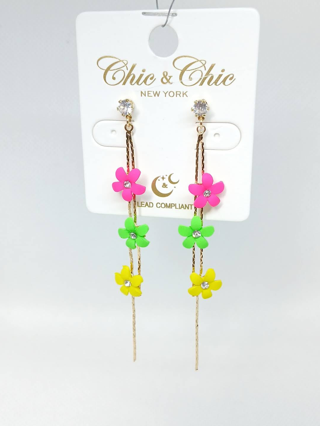 Garden Grove Double Strand Daisy Dangle Earrings - Pink Green Yellow