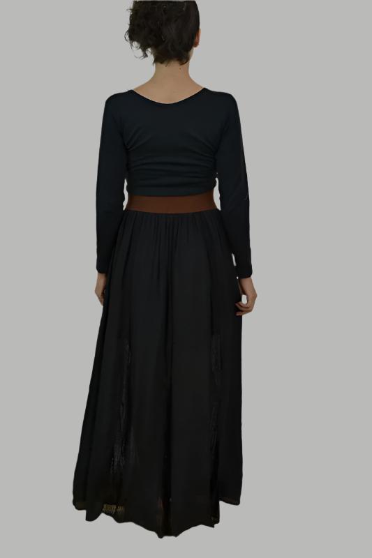 Lace Stripes Maxi Skirt with Wide Belt-Black