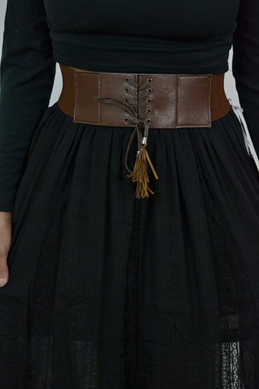 Semi-Sheer Lace Stripe Maxi Skirt with Wide Waist Belt - Black