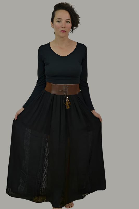 Lace Stripes Maxi Skirt with Wide Belt-Black