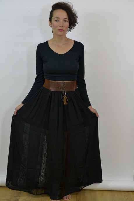 Lace Stripes Maxi Skirt with Wide Belt-Black