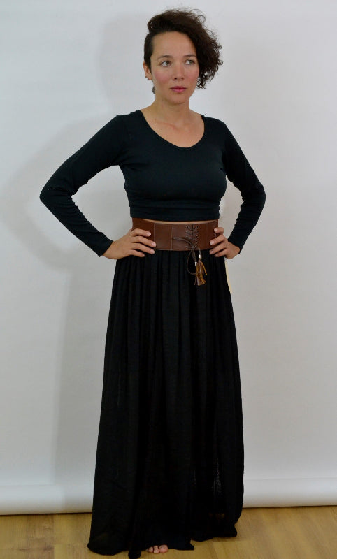 Lace Stripes Maxi Skirt with Wide Belt-Black