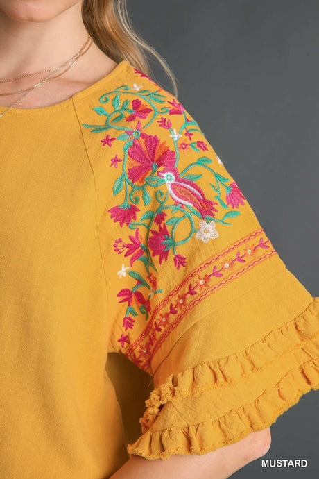 Umgee Embroidered Linen Tiered Sleeve Top - Mustard