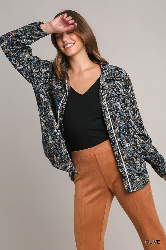 *PRICE DROP Umgee Paisley Button Down Corduroy Shirt - Olive