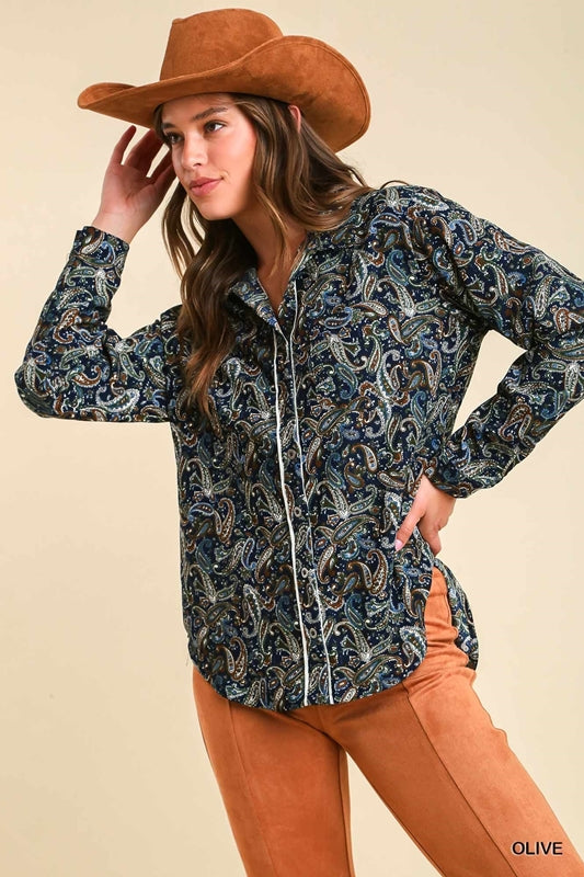 Umgee Paisley Print Button Front Blouse with Scallop Trim Detail