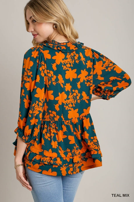 Umgee Two Tone Floral Blouse - Teal Mix