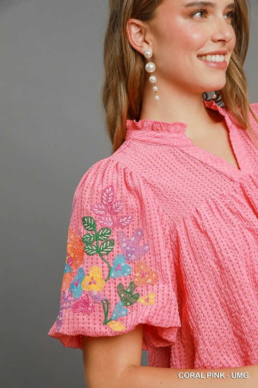 Umgee Checker Seersucker Bubble Sleeve Mini Dress - Coral Pink