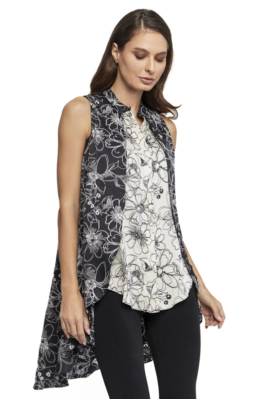 Adore Hi Lo Sleeveless Layer Tunic Blouse - Black Cream