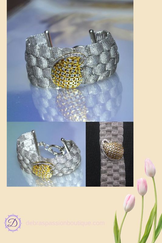 A sterling silver mesh bracelet with a paisley pattern and cubic zirconia rhinestones, displayed in multiple views showing the detailed design and clasp.