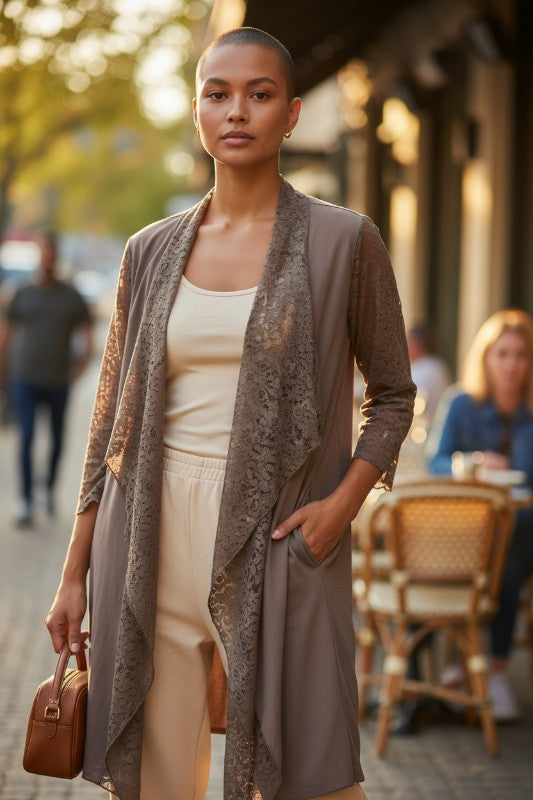 Lady Noiz Lace Drape Layer Long Cardigan - Mocha