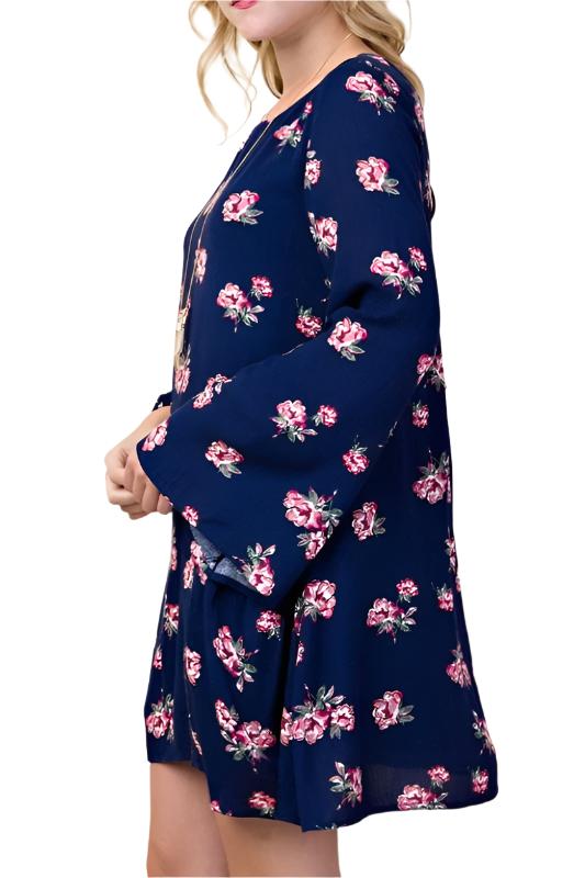 L Love Babydoll Back Lace Up Dress - Floral Navy