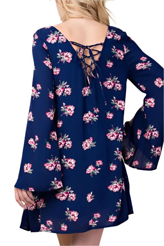 L Love Babydoll Back Lace Up Dress - Floral Navy