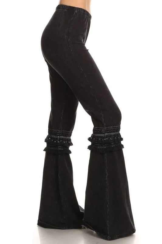 Chatoyant Mineral Wash Bell Bottom Knee Tassel Pants