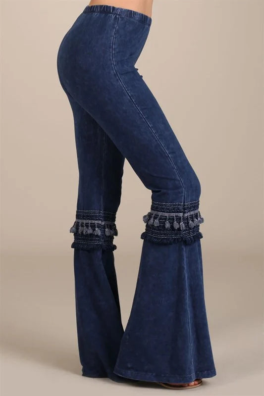 Chatoyant Mineral Wash Bell Bottom Knee Tassel Pants