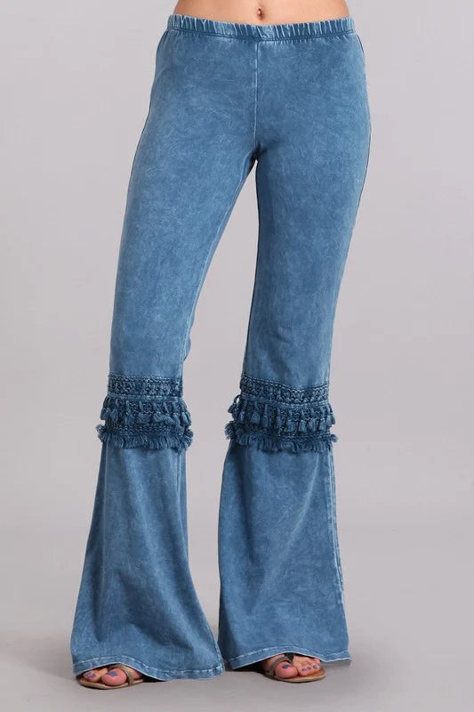 Chatoyant Mineral Wash Bell Bottom Knee Tassel Pants