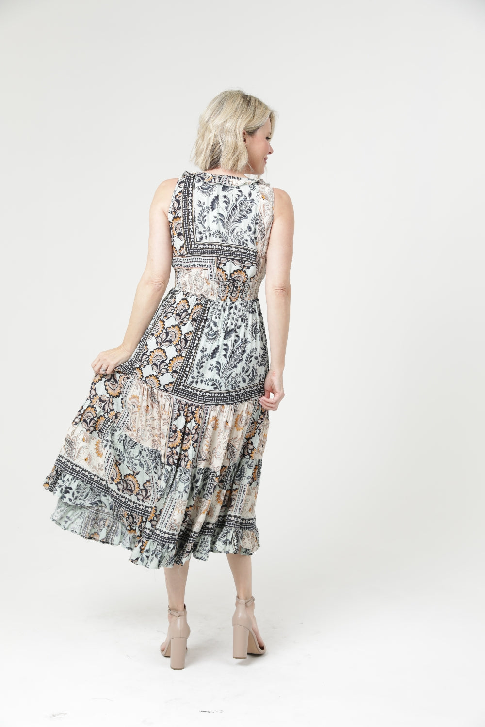 Bohemian Patchwork Below Knee Midi Dress - Light Mint