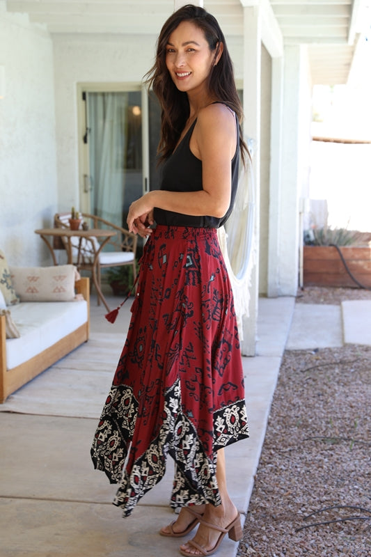 Ethnic Border Print Handkerchief Midi Skirt - Wine