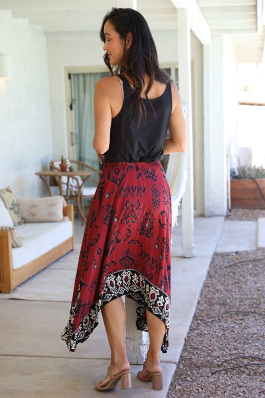 Ethnic Border Print Handkerchief Midi Skirt - Wine