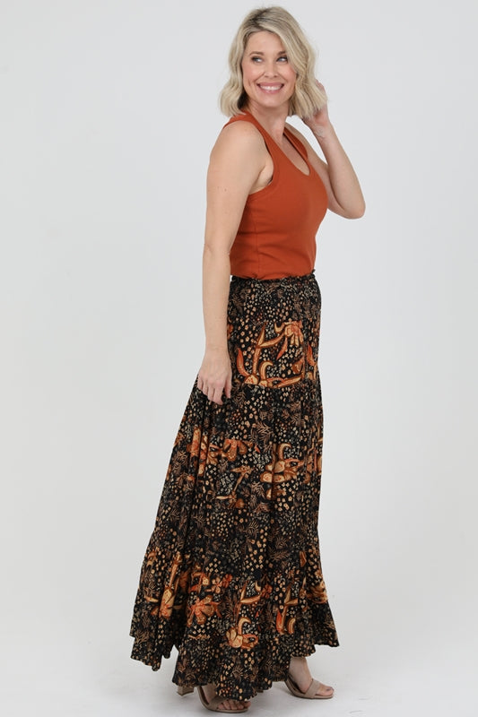 Nostalgia Tiered Floral Print Boho Skirt - Black
