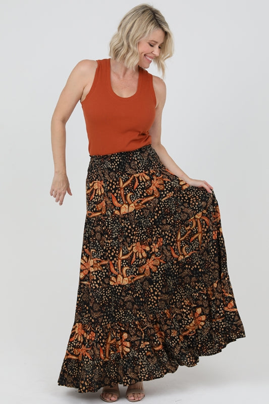 Nostalgia Tiered Floral Print Boho Skirt - Black