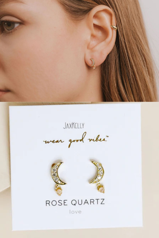 JaxKelly Rose Quartz Moon Drop Earrings