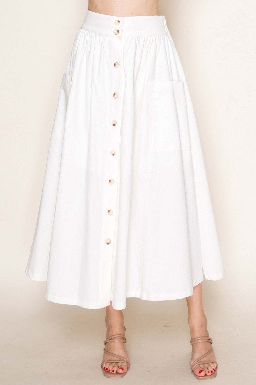 High Waist Button Front Midi Skirt With Pockets - Soft Off White
