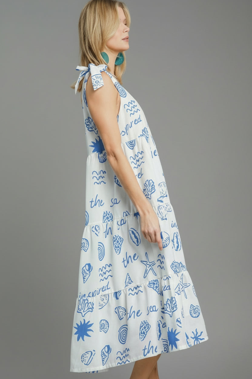Umgee Ocean Print Beachy Tank Midi Dress - Blue