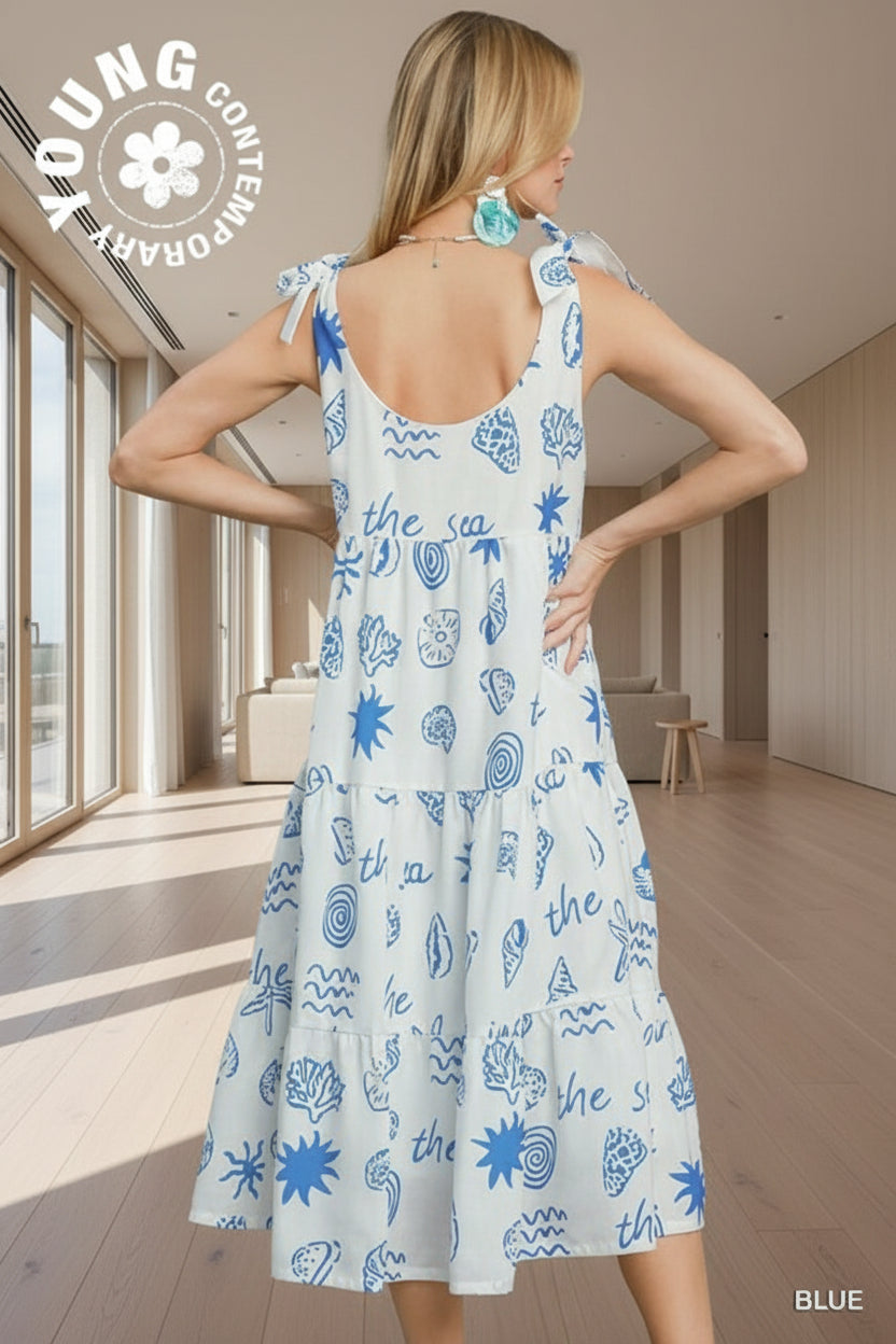 Umgee Ocean Print Beachy Tank Midi Dress - Blue