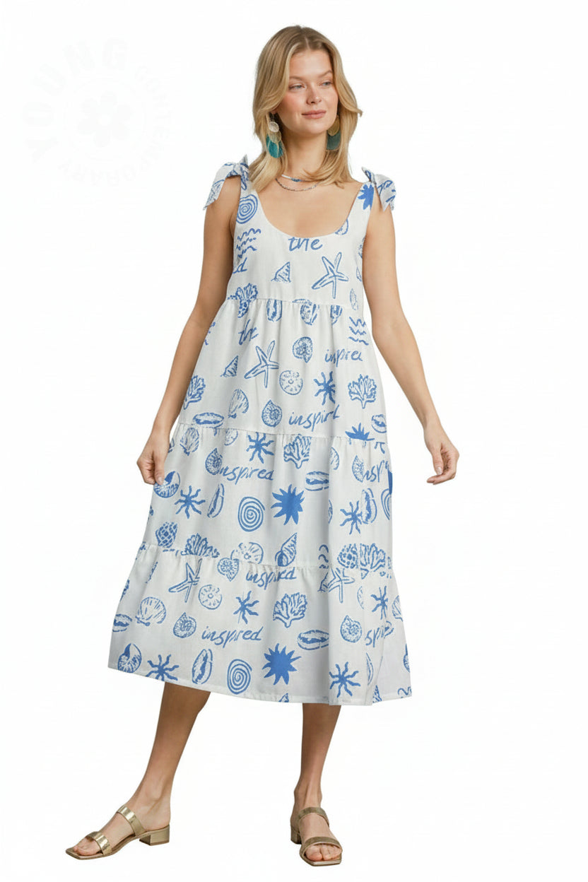 Umgee Ocean Print Beachy Tank Midi Dress - Blue