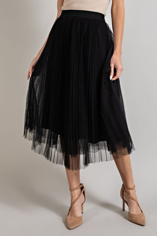 Eesome Mesh Pleated Midi Skirt - Black