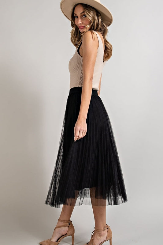 Eesome Mesh Pleated Midi Skirt - Black