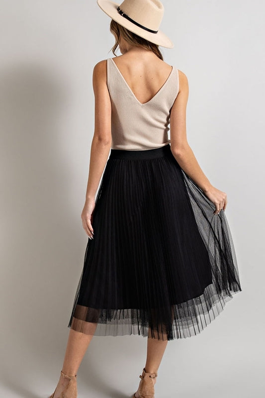 Eesome Mesh Pleated Midi Skirt - Black