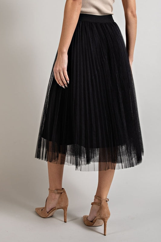 Eesome Mesh Pleated Midi Skirt - Black