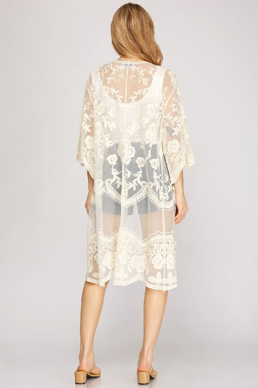 She + Sky Embroidered Mesh Long Kimono Cardigan
